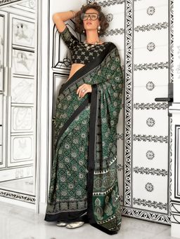 Akhilam - Women's Crepe Green Printed Designer Saree with Unstitched Blouse