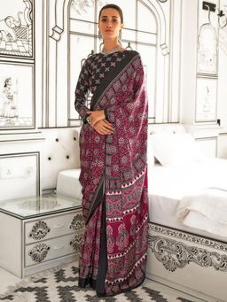 Akhilam - Women's Crepe Pink Printed Designer Saree with Unstitched Blouse