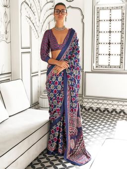 Akhilam - Women's Crepe Navy Blue Printed Designer Saree with Unstitched Blouse