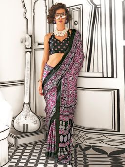 Akhilam - Women's Crepe Magenta Printed Designer Saree with Unstitched Blouse
