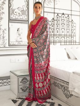Akhilam - Women's Crepe Black Printed Designer Saree with Unstitched Blouse