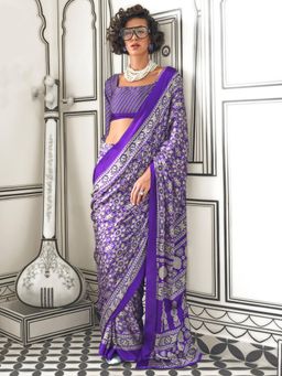 Akhilam - Women's Crepe Purple Printed Designer Saree with Unstitched Blouse