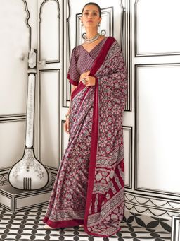 Akhilam - Women's Crepe Maroon Printed Designer Saree with Unstitched Blouse