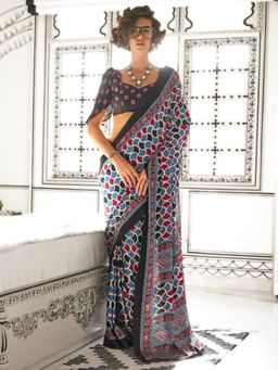 Akhilam - Women's Crepe Blue Printed Designer Saree with Unstitched Blouse