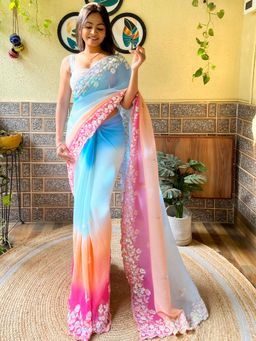 Akhilam - Women's Georgette Multi-Colour Embellished Designer Saree with Unstitched Blouse