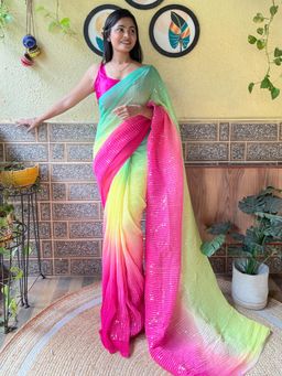 Akhilam - Women's Georgette Pink Embellished Designer Saree with Unstitched Blouse