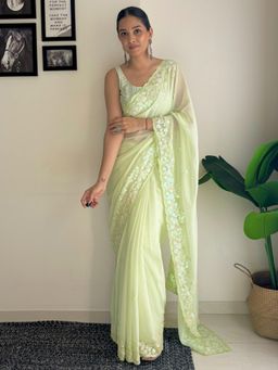 Akhilam - Women's Georgette Light Green Embellished Designer Saree with Unstitched Blouse