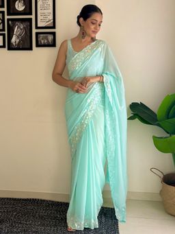 Akhilam - Women's Georgette Blue Embellished Designer Saree with Unstitched Blouse