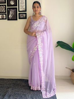 Akhilam - Women's Georgette Lavender Embellished Designer Saree with Unstitched Blouse