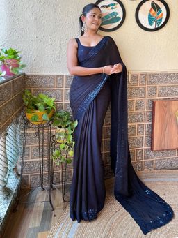 Akhilam - Women's Nylon Navy Blue Woven Designer Saree with Unstitched Blouse