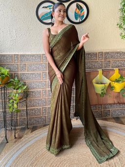 Akhilam - Women's Nylon Olive Woven Designer Saree with Unstitched Blouse