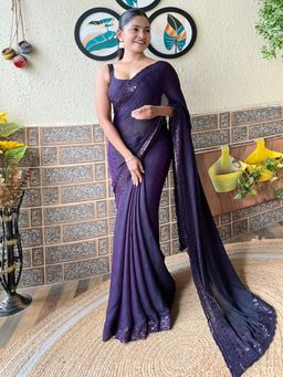 Akhilam - Women's Nylon Purple Woven Designer Saree with Unstitched Blouse