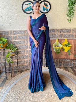 Akhilam - Women's Nylon Navy Blue Woven Designer Saree with Unstitched Blouse