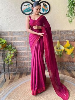 Akhilam - Women's Nylon Pink Woven Designer Saree with Unstitched Blouse