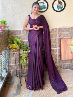 Akhilam - Women's Nylon Burgundy Woven Designer Saree with Unstitched Blouse