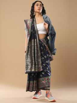 Akhilam - Women's Silk Blend Navy Blue Woven Design Designer Saree with Unstitched Blouse
