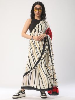 Akhilam - Women's Crepe Off White Printed Celebrity Saree with Unstitched Blouse