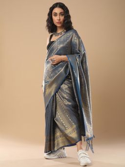 Akhilam - Women's Silk Blend Blue Woven Saree with Unstitched Blouse