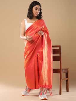Akhilam - Women's Silk Blend Coral Woven Saree with Unstitched Blouse