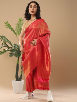 Akhilam - Women's Silk Blend Red Woven Saree with Unstitched Blouse
