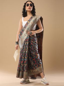 Akhilam - Women's Silk Blend Grey Woven Design Celebrity Saree with Unstitched Blouse