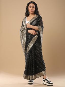 Akhilam - Women's Modal Black Woven Design Saree with Unstitched Blouse