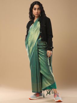 Akhilam - Women's Silk Blend Green Woven Design Celebrity Saree with Unstitched Blouse