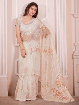 Sareemall - Women's Organza Cream Digital Print Designer Saree with Unstitched Blouse