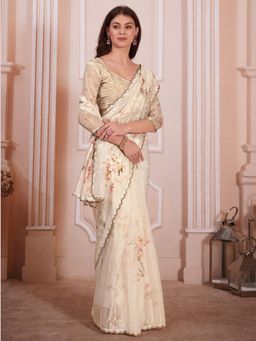 Sareemall - Women's Organza Cream Digital Print Designer Saree with Unstitched Blouse