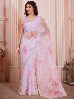 Sareemall - Women's Organza Lavender Digital Print Designer Saree with Unstitched Blouse