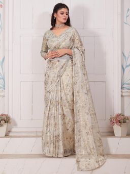 Sareemall - Women's Organza Cream Embellished Designer Saree and Belt with Unstitched Blouse