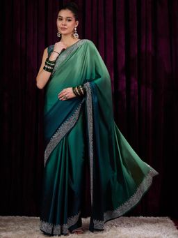 Sareemall - Women's Satin Silk Teal Embellished Designer Saree with Unstitched Blouse