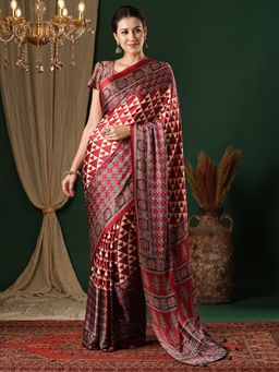 Akhilam - Women's Crepe Red Printed Designer Saree with Unstitched Blouse