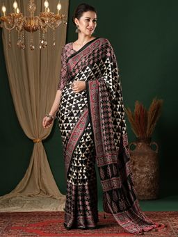 Akhilam - Women's Crepe Black Printed Designer Saree with Unstitched Blouse