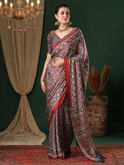 Akhilam - Women's Crepe Grey Printed Designer Saree with Unstitched Blouse