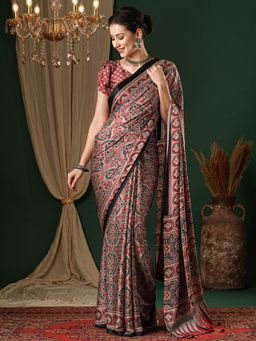 Akhilam - Women's Crepe Red Printed Designer Saree with Unstitched Blouse