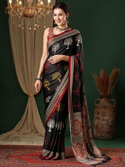 Akhilam - Women's Crepe Black Printed Designer Saree with Unstitched Blouse