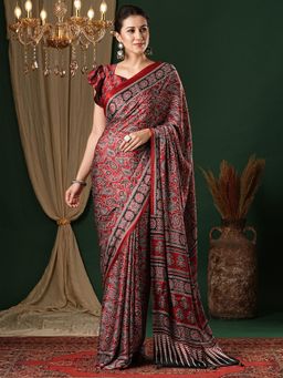 Akhilam - Women's Crepe Maroon Printed Designer Saree with Unstitched Blouse