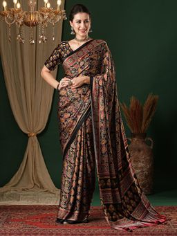 Akhilam - Women's Crepe Black Printed Designer Saree with Unstitched Blouse