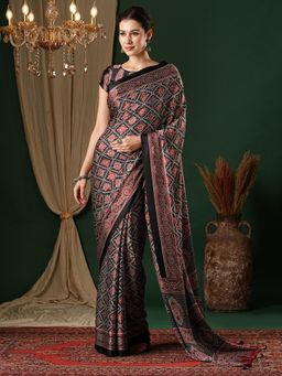 Akhilam - Women's Crepe Black Printed Designer Saree with Unstitched Blouse