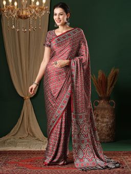 Akhilam - Women's Crepe Red Printed Designer Saree with Unstitched Blouse