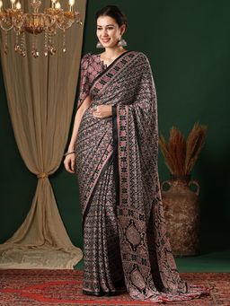 Akhilam - Women's Crepe Black Printed Designer Saree with Unstitched Blouse