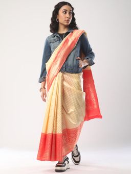 Akhilam - Women's Silk Blend Off White Woven Design Designer Saree with Unstitched Blouse