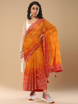 Akhilam - Women's Georgette Yellow Printed Designer Saree with Unstitched Blouse