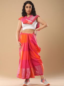 Akhilam - Women's Cotton Blend Pink Colo blocked Designer Saree with Unstitched Blouse