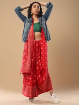 Akhilam - Women's Organza Red Woven Design Designer Saree with Unstitched Blouse