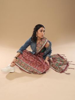 Akhilam - Women's Silk Blend Maroon Printed Designer Saree with Unstitched Blouse