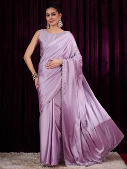 Akhilam - Women's Satin Silk Mauve Embellished Designer Saree with Unstitched Blouse