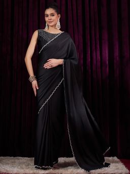 Sareemall - Women's Satin Silk Black Embellished Designer Saree with Unstitched Blouse