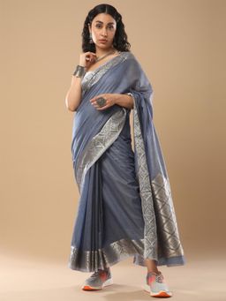 Akhilam - Women's Linen Blend Grey Woven Design Celebrity Saree with Unstitched Blouse